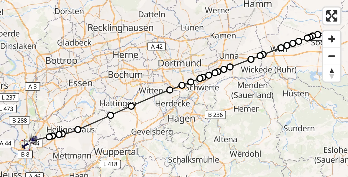 Flugroute Polizeihubschrauber Soest - Düsseldorf Airport, 03 März 2026, 23:24