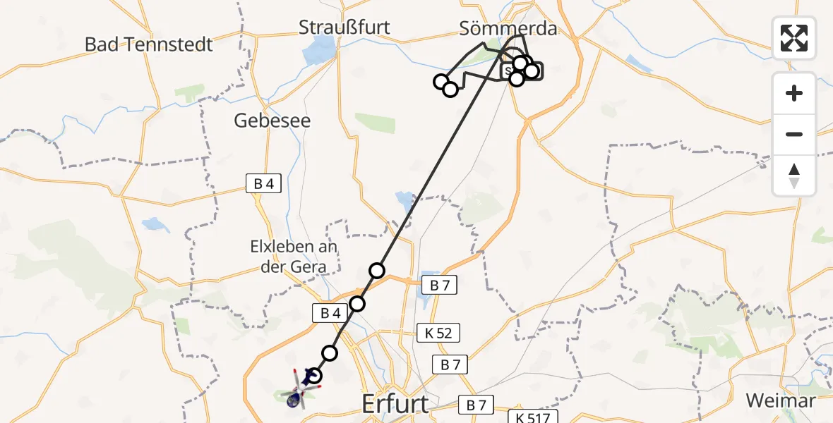 Flugroute Polizeihubschrauber Sömmerda - Erfurt-Weimar Airport, 03 März 2026, 23:42