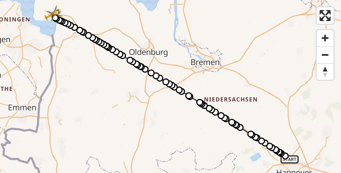Flugroute Ambulanzhubschrauber Hannover Airport - Emden, 04 März 2026, 02:14