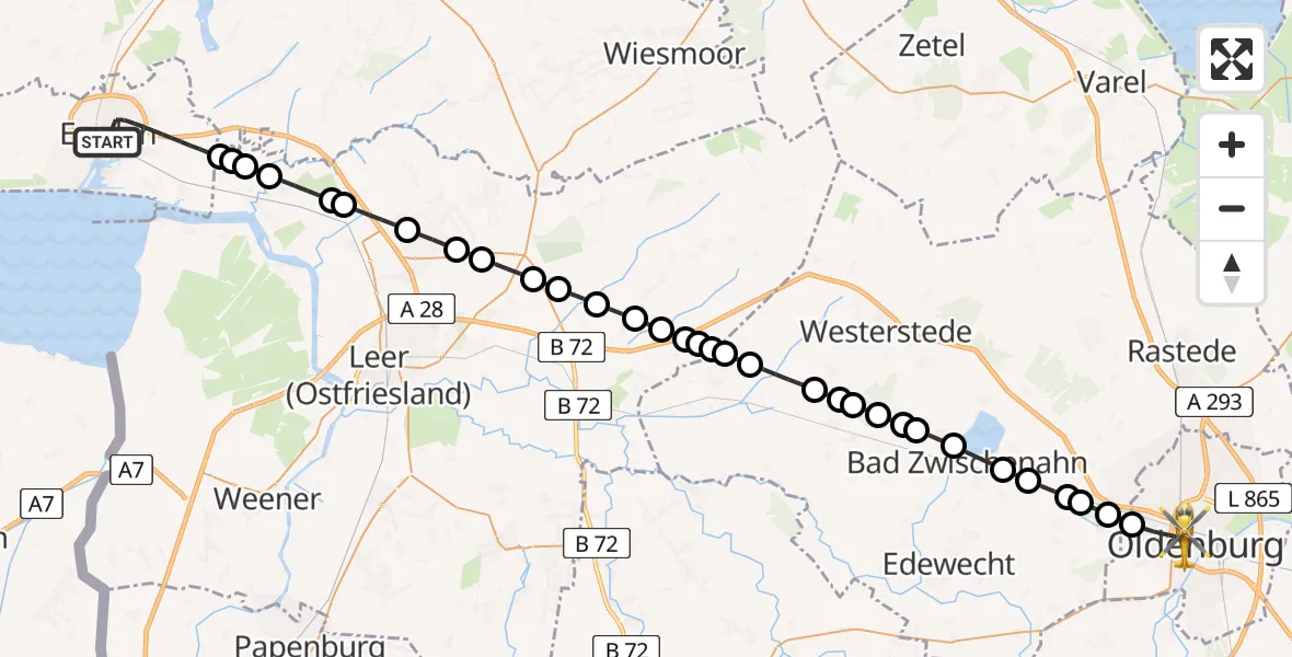 Flugroute Ambulanzhubschrauber Emden - Oldenburg, 04 März 2026, 03:05
