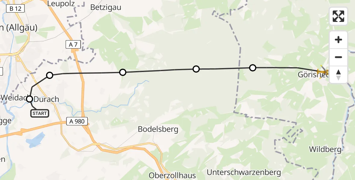Flugroute Rettungshubschrauber Kempten-Durach Airfield - Görisried, 04 März 2026, 06:42