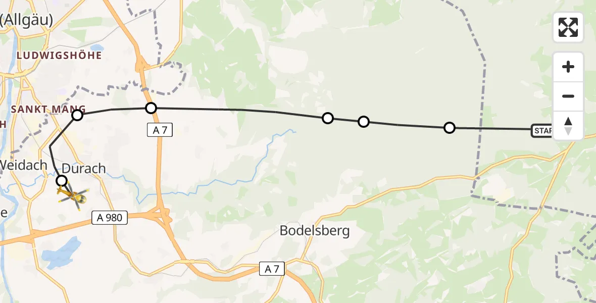 Flugroute Rettungshubschrauber Görisried - Kempten-Durach Airfield, 04 März 2026, 07:20