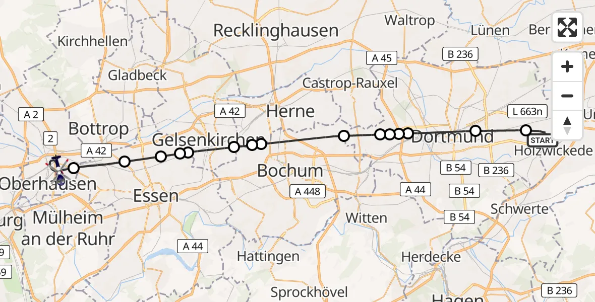 Flugroute Polizeihubschrauber Dortmund Airport - Alt-Oberhausen, 04 März 2026, 07:37