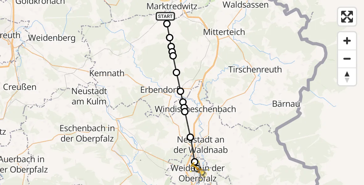 Flugroute Rettungshubschrauber Waldershof - Weiden Hospital Heliport, 04 März 2026, 07:44
