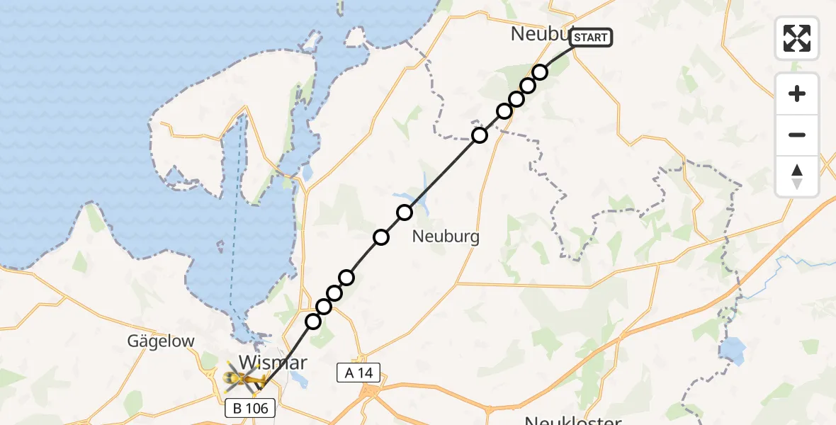 Flugroute Ambulanzhubschrauber Neubukow - Wismar, 04 März 2026, 07:52