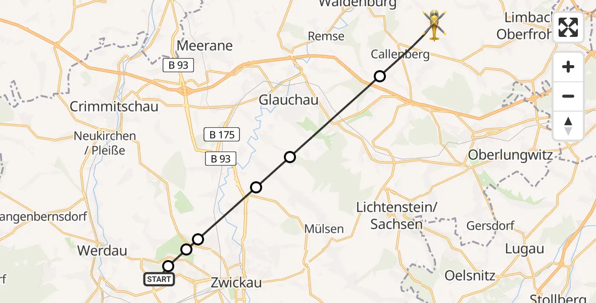 Flugroute Rettungshubschrauber ADAC Air Rescue Station Zwickau Heliport - Callenberg, 04 März 2026, 07:53