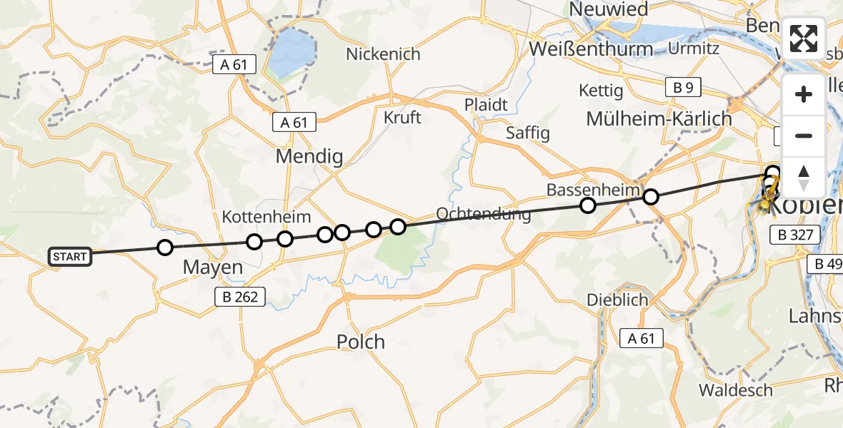 Flugroute Ambulanzhubschrauber Kürrenberg - Kemperhof Koblenz Clinic Heliport, 04 März 2026, 08:02