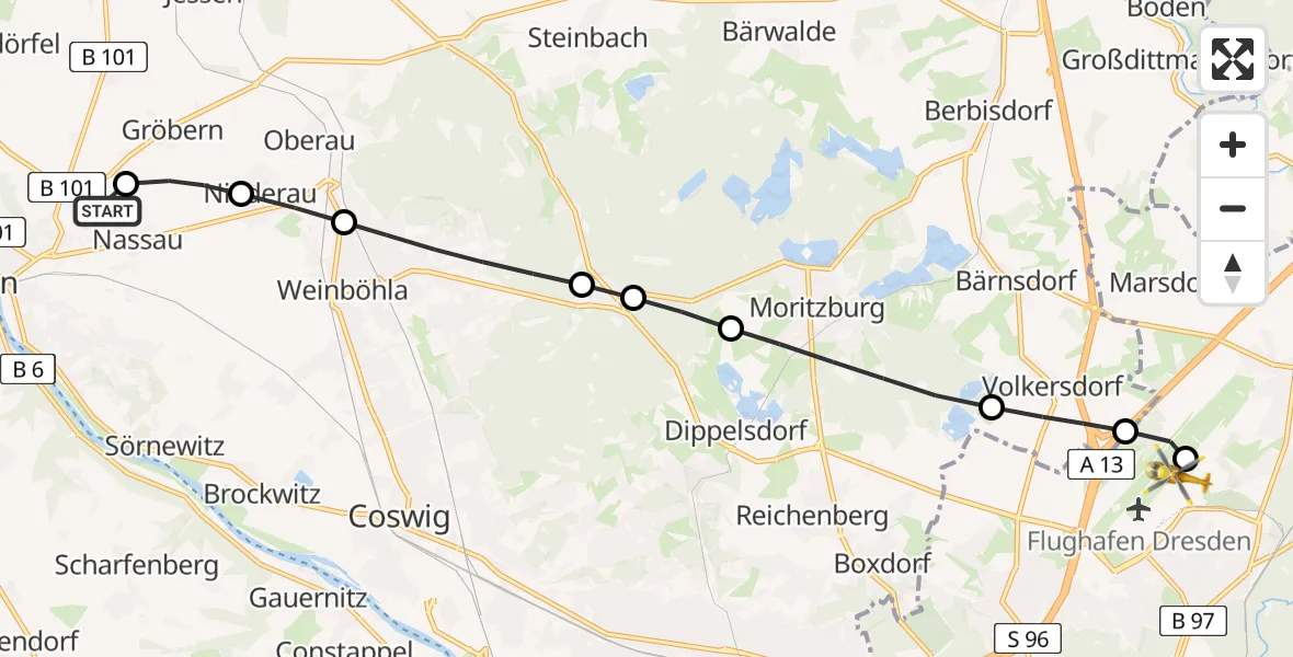 Flugroute Rettungshubschrauber Nassau - Dresden Federal Police Heliport, 04 März 2026, 08:18
