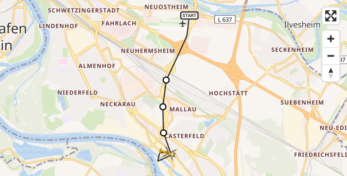 Flugroute Rettungshubschrauber Mannheim-City Airport - Rheinau, 04 März 2026, 08:19