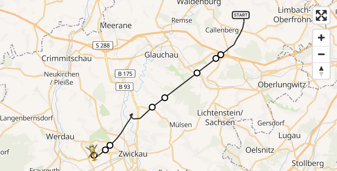 Routekaart van de vlucht: Rettungshubschrauber nach ADAC Air Rescue Station Zwickau Heliport