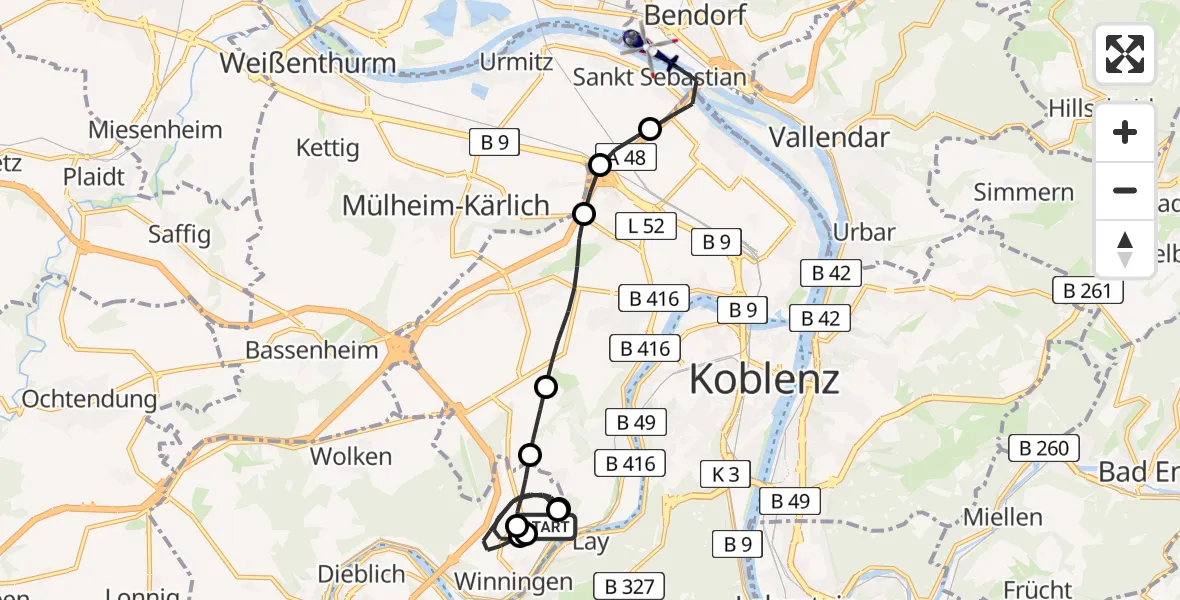 Flugroute Polizeihubschrauber Koblenz-Winningen Airfield - Bendorf, 04 März 2026, 08:41