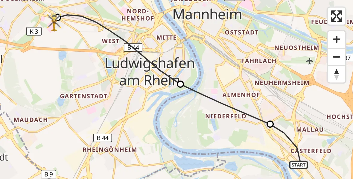 Flugroute Rettungshubschrauber Rheinau - Ludwigshafen Accident Hospital Heliport, 04 März 2026, 08:54