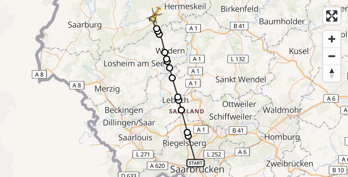 Flugroute Rettungshubschrauber Saarbrücken - Kell am See, 04 März 2026, 09:02