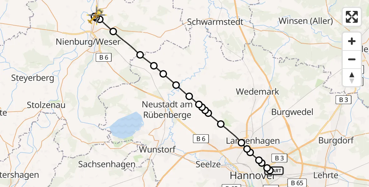 Flugroute Rettungshubschrauber Hannover Air Rescue Heliport (Christoph 4) - Drakenburg, 04 März 2026, 09:09