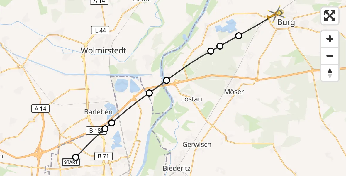 Flugroute Rettungshubschrauber Magdeburg Hospital Heliport - Burg, 04 März 2026, 09:19