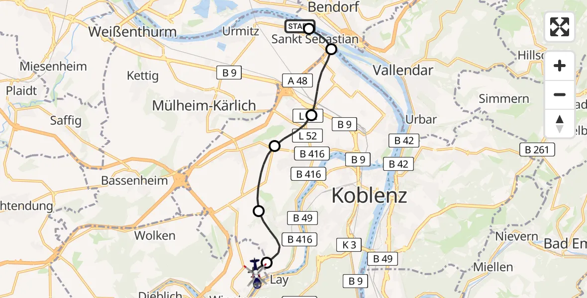 Flugroute Polizeihubschrauber Kaltenengers - Koblenz-Winningen Airfield, 04 März 2026, 09:22