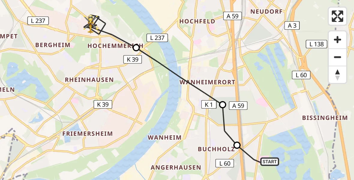 Flugroute Rettungshubschrauber Duisburg Air Rescue Heliport (Christoph 9) - Rheinhausen, 04 März 2026, 09:30