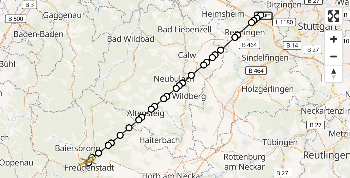 Flugroute Rettungshubschrauber Leonberg Hospital Heliport - Freudenstadt, 04 März 2026, 09:32
