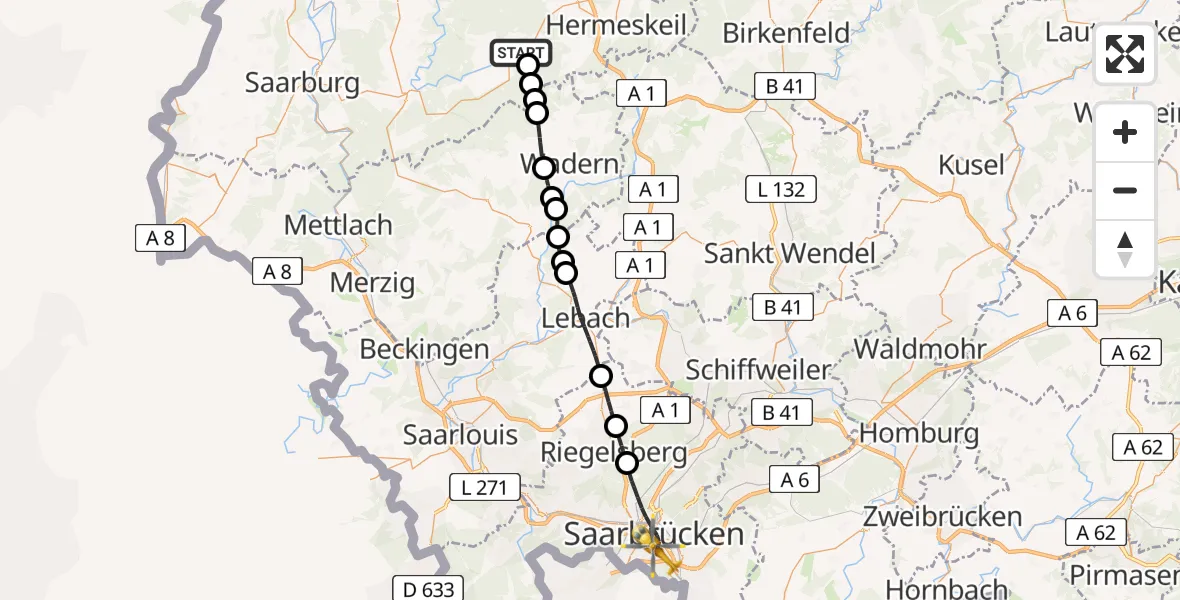 Flugroute Rettungshubschrauber Kell am See - Saarbrücken, 04 März 2026, 09:42