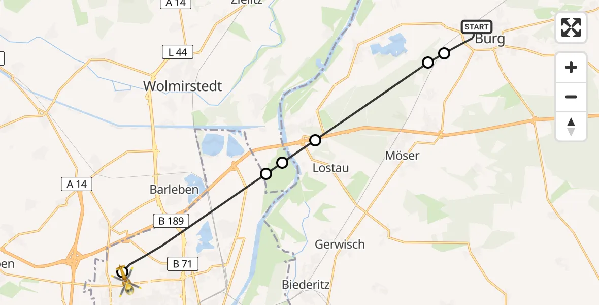 Flugroute Rettungshubschrauber Burg - Magdeburg Hospital Heliport, 04 März 2026, 09:56