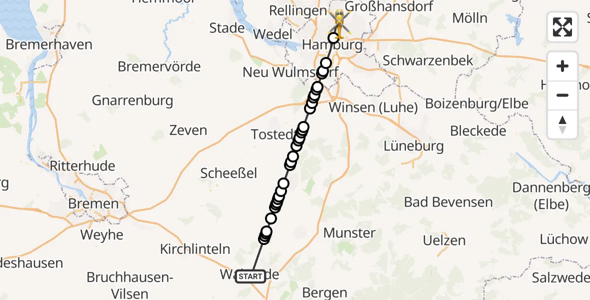 Flugroute Ambulanzhubschrauber Walsrode - Hamburg-Nord, 04 März 2026, 09:57