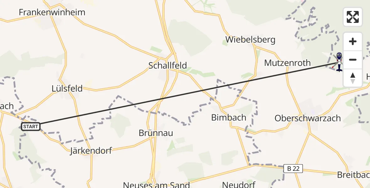 Routekaart van de vlucht: Polizeihubschrauber nach Mutzenroth, Handthal-Wanderweg