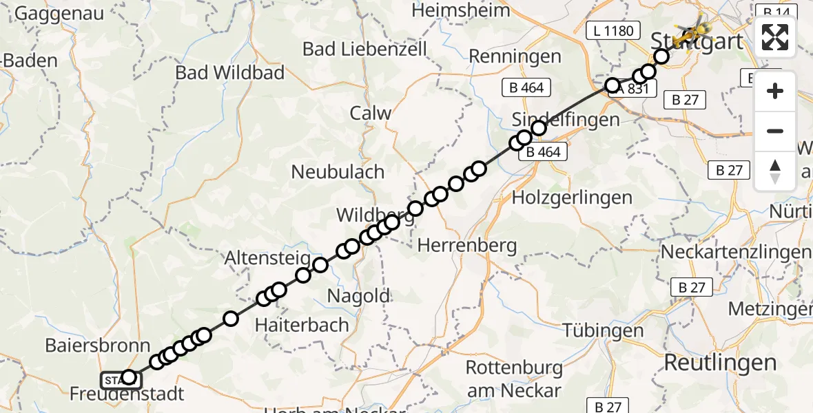 Routekaart van de vlucht: Rettungshubschrauber nach Stuttgart, Kriegsbergstraße