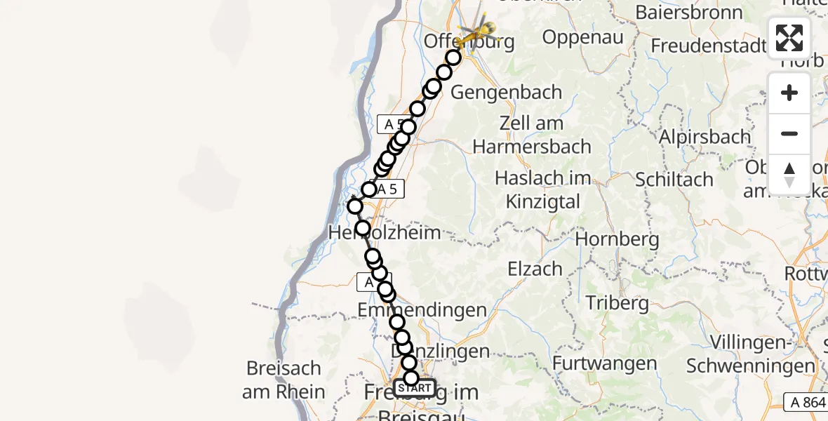 Flugroute Rettungshubschrauber Freiburg im Breisgau Airfield - Offenburg, 04 März 2026, 10:20