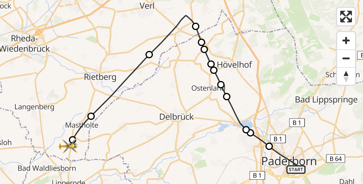 Flugroute Rettungshubschrauber Paderborn - Rietberg, 04 März 2026, 10:23
