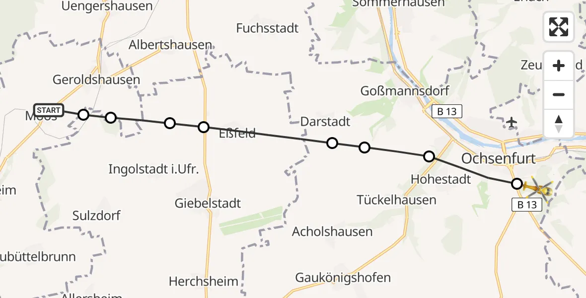 Flugroute Rettungshubschrauber Moos - Ochsenfurt, 04 März 2026, 10:26