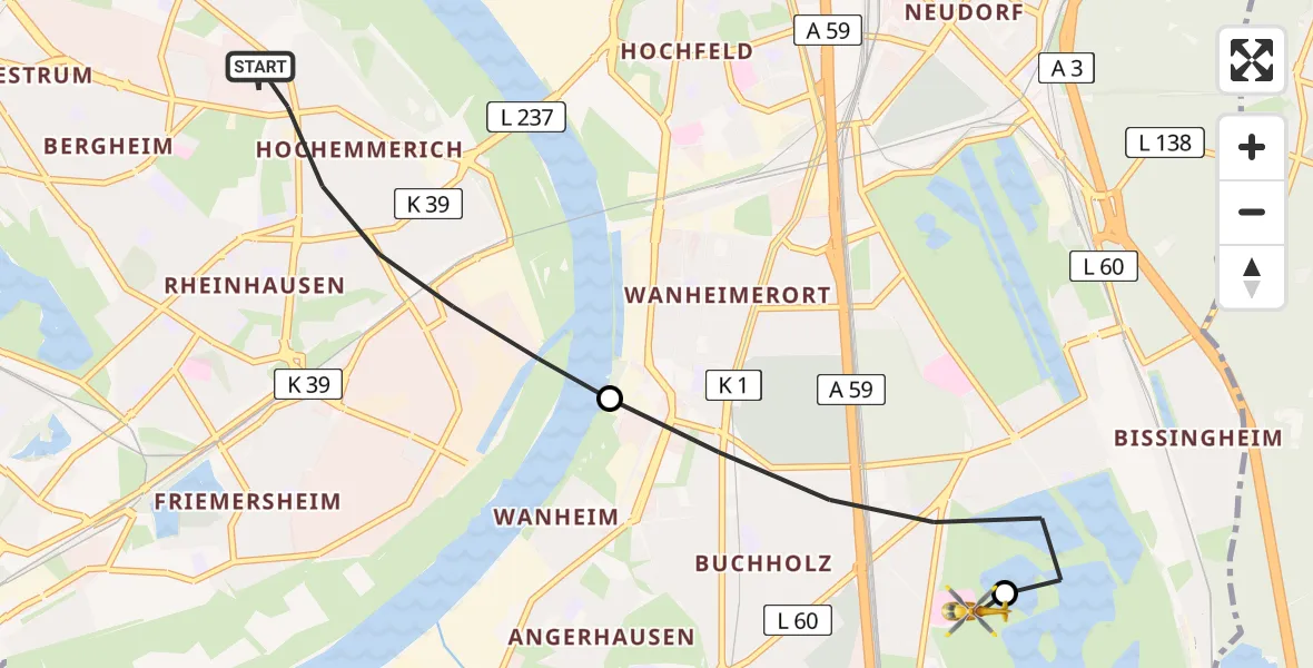 Flugroute Rettungshubschrauber Rheinhausen - Duisburg Air Rescue Heliport (Christoph 9), 04 März 2026, 10:51