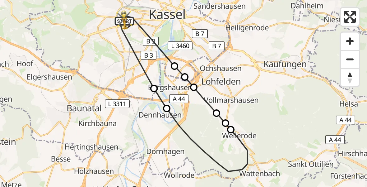 Routekaart van de vlucht: Rettungshubschrauber nach Kassel, Hansteinstraße