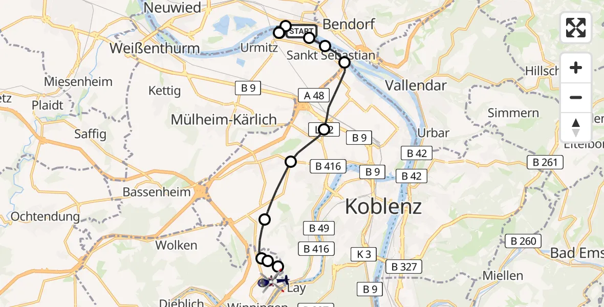 Flugroute Polizeihubschrauber Neuwied - Koblenz-Winningen Airfield, 04 März 2026, 10:54