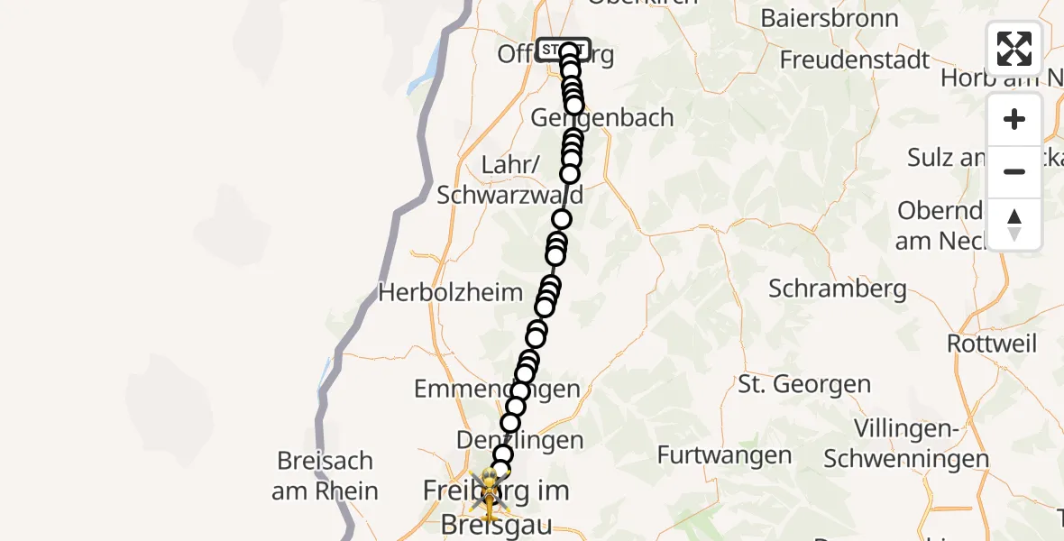Flugroute Rettungshubschrauber Offenburg - Freiburg University Hospital Heliport 1, 04 März 2026, 10:57