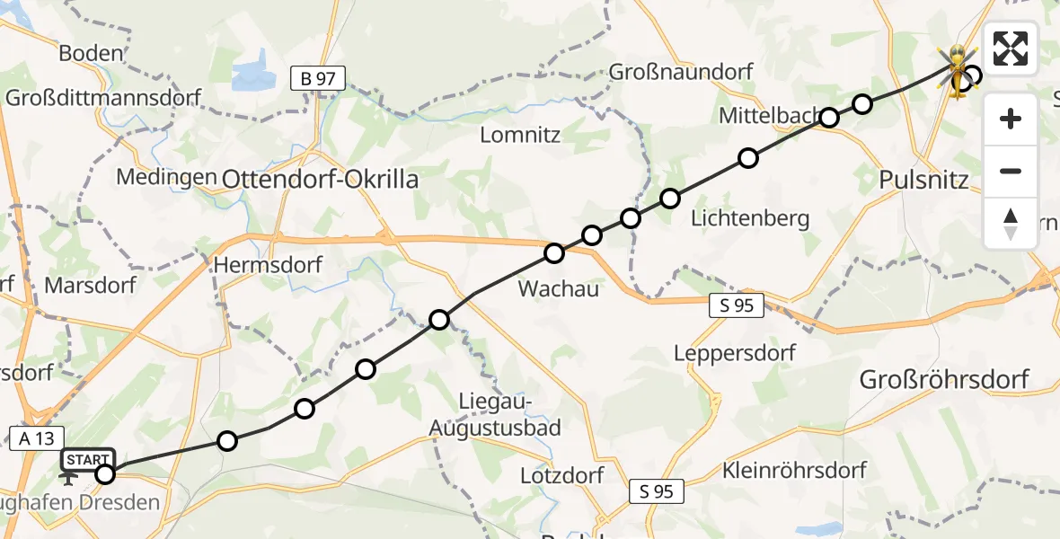 Flugroute Rettungshubschrauber Dresden Airport - Pulsnitz, 04 März 2026, 10:59
