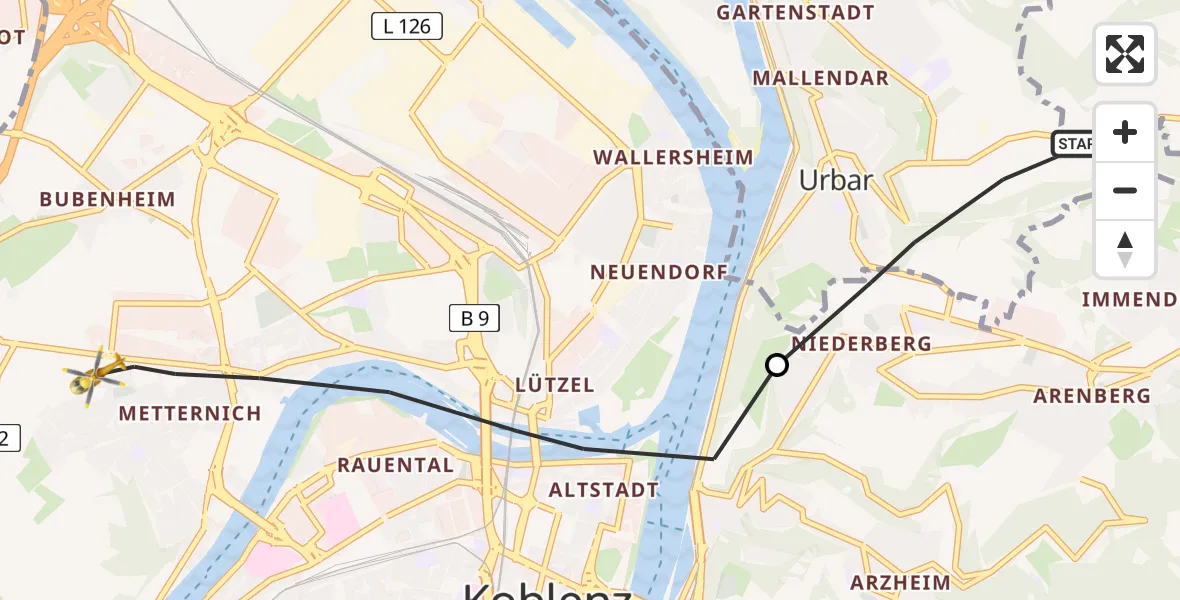 Flugroute Rettungshubschrauber Urbar - Koblenz, 04 März 2026, 11:01