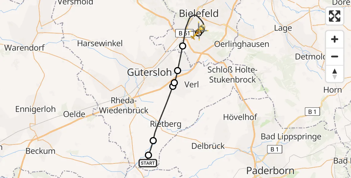 Routekaart van de vlucht: Rettungshubschrauber nach Luftrettungszentrum Bielefeld
