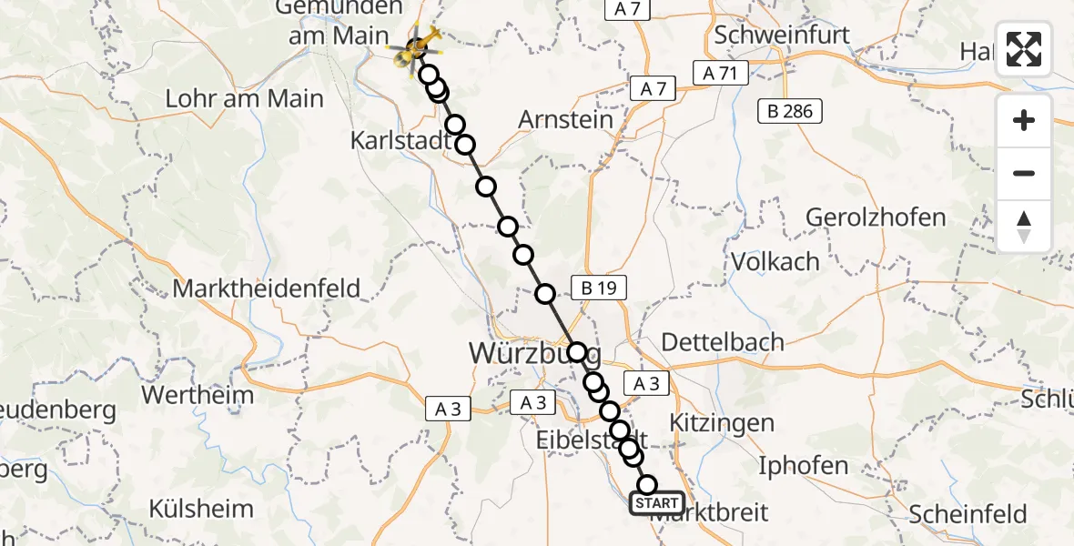 Flugroute Rettungshubschrauber Frickenhausen am Main - Karsbach, 04 März 2026, 11:12