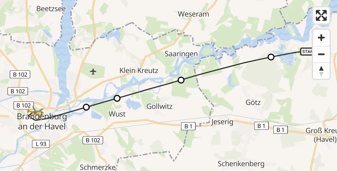 Flugroute Rettungshubschrauber Deetz - Brandenburg an der Havel, 04 März 2026, 11:19