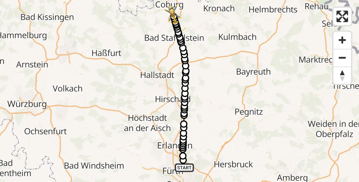 Flugroute Ambulanzhubschrauber Nuremberg Airport - Niederfüllbach, 04 März 2026, 11:21