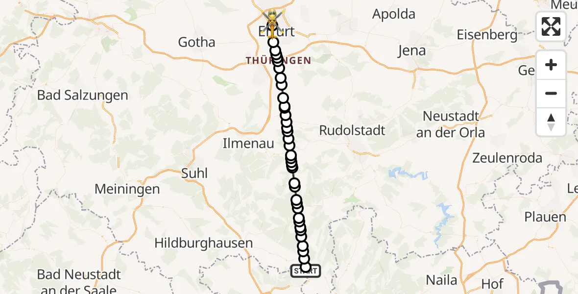Flugroute Rettungshubschrauber Sonneberg - Helios Clinic Erfurt Heliport, 04 März 2026, 11:43