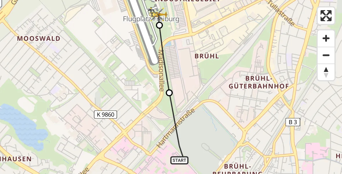 Flugroute Rettungshubschrauber Freiburg University Hospital Heliport 1 - Freiburg im Breisgau Airfield, 04 März 2026, 11:43