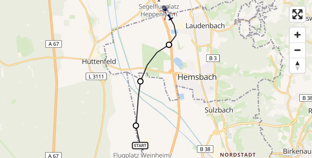 Flugroute Polizeihubschrauber Weinheim/Bergstraße Airfield - Heppenheim, 04 März 2026, 12:16