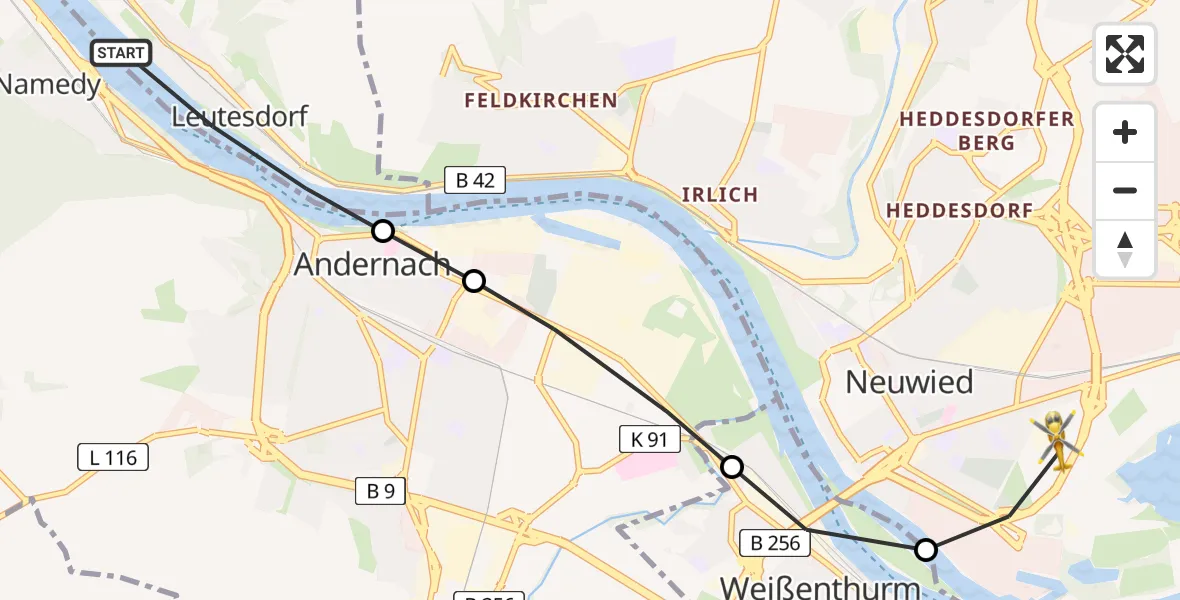 Flugroute Ambulanzhubschrauber Leutesdorf - Neuwied, 04 März 2026, 12:25