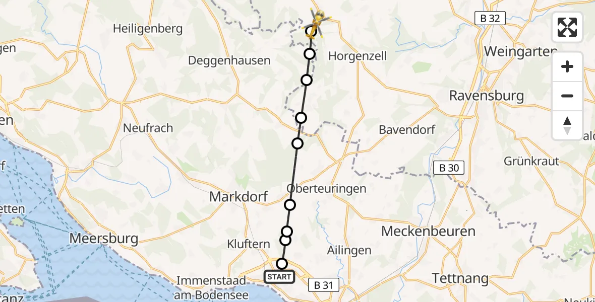 Flugroute Rettungshubschrauber Friedrichshafen Hospital Heliport - Hasenweiler, 04 März 2026, 12:26