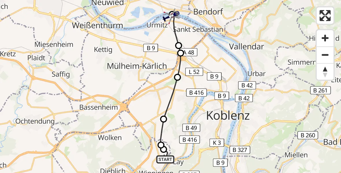Flugroute Polizeihubschrauber Koblenz-Winningen Airfield - Kaltenengers, 04 März 2026, 12:30