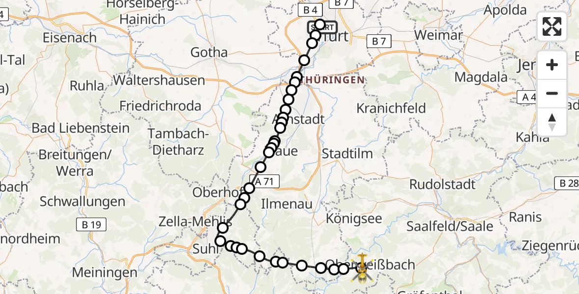 Flugroute Rettungshubschrauber Helios Clinic Erfurt Heliport - Cursdorf, 04 März 2026, 12:34