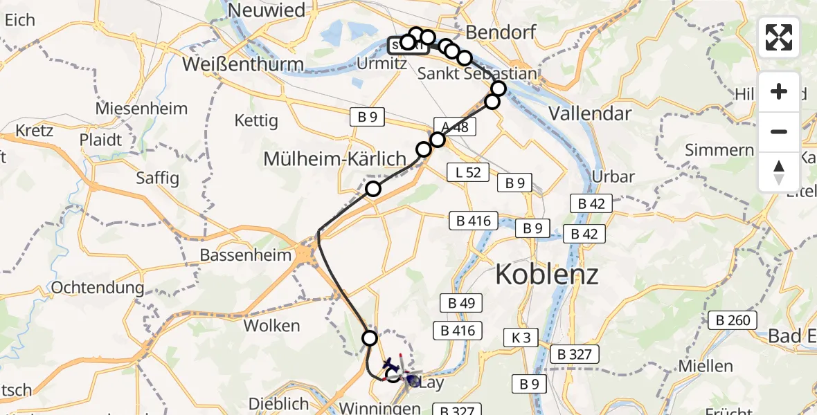 Flugroute Polizeihubschrauber Urmitz - Koblenz-Winningen Airfield, 04 März 2026, 12:48