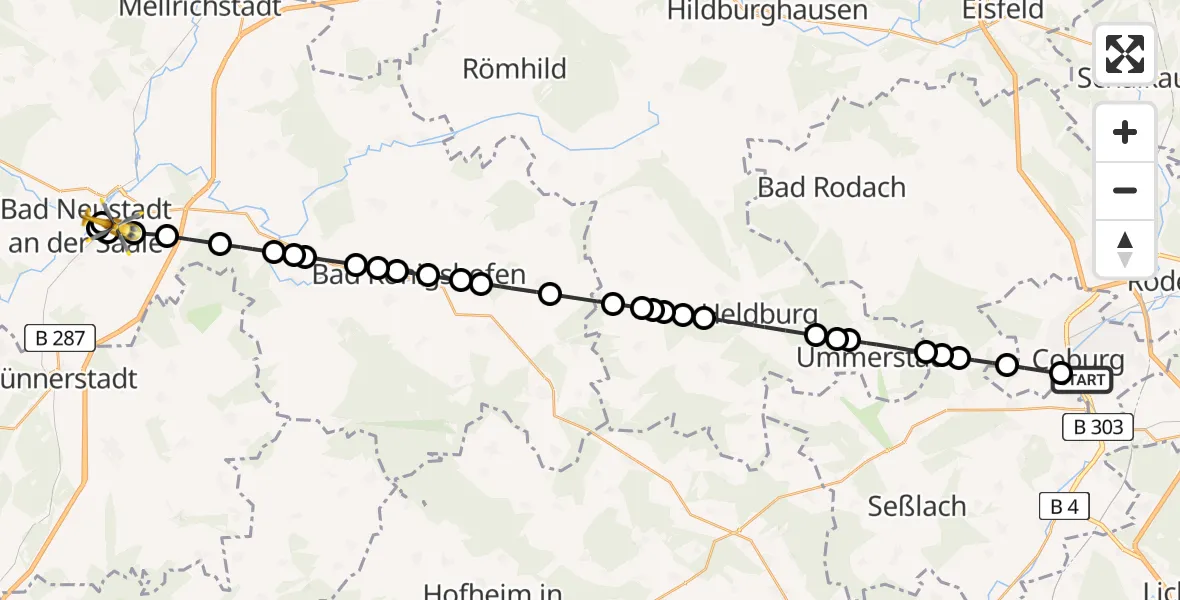 Flugroute Ambulanzhubschrauber Coburg - Bad Neustadt an der Saale Hospital Heliport, 04 März 2026, 12:52