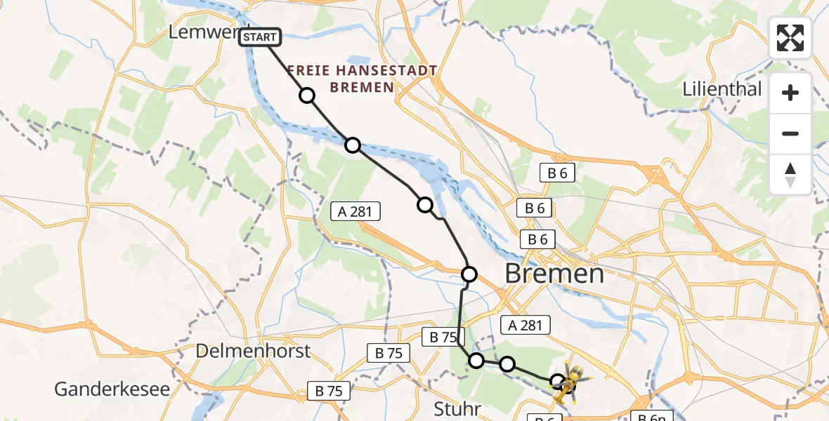 Flugroute Rettungshubschrauber Bremen-Nord - ADAC Air Rescue Station Bremen Heliport (Christoph 6), 04 März 2026, 12:53